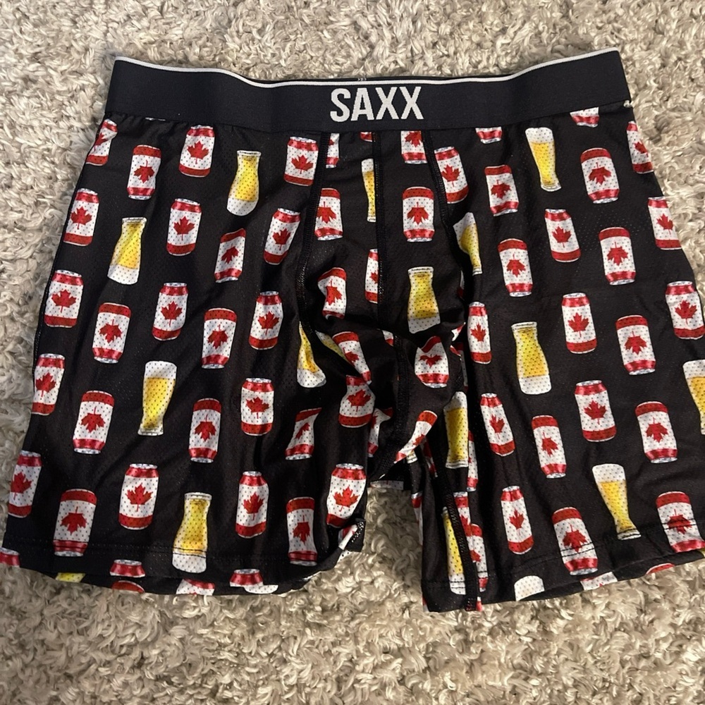 SAXX Men's Boxer Briefs with Beer Can and Maple Leaf Print